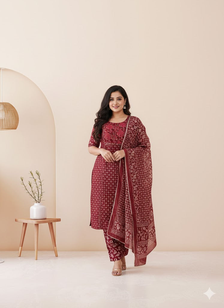 FLORAL PANEL MAROON KURTI SUIT-1328