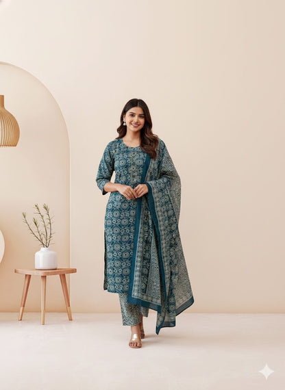 CASUAL COMFORT TEAL BLUE KURTI SET-1413
