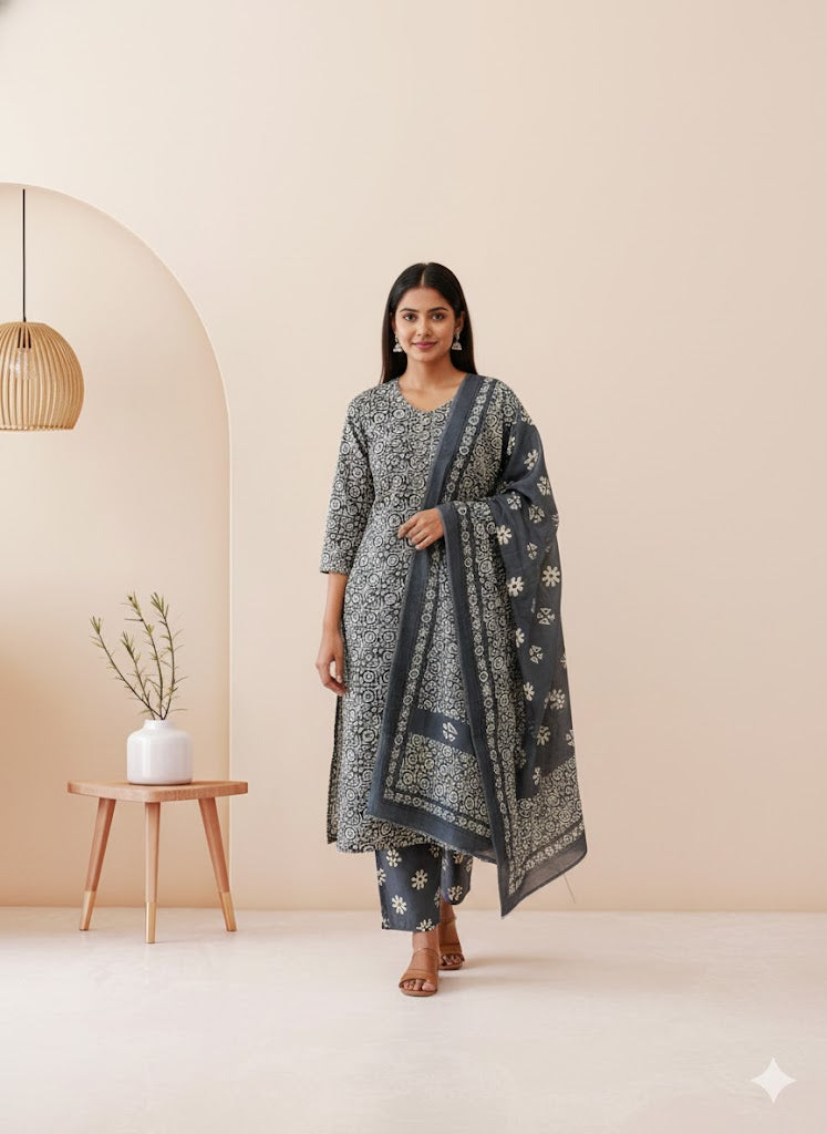 CASUAL COMFORT CHARCOAL KURTI SET-1413