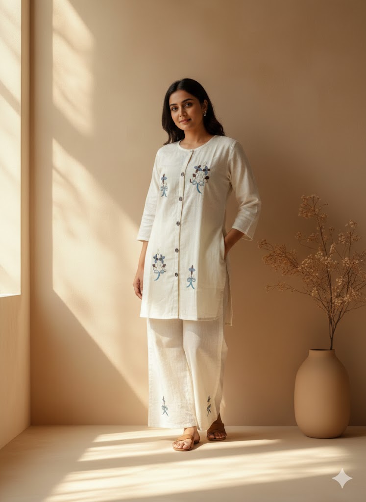 CREAM FLORA COORD SET-0071