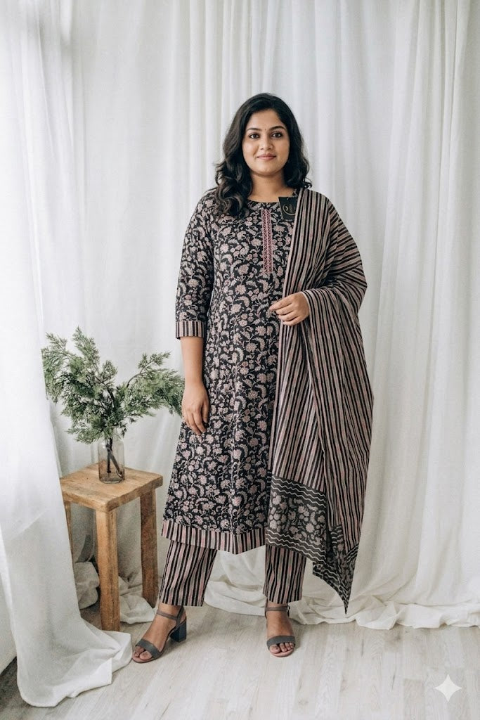 PETAL WEAVE KURTI SET-BLACK-2030