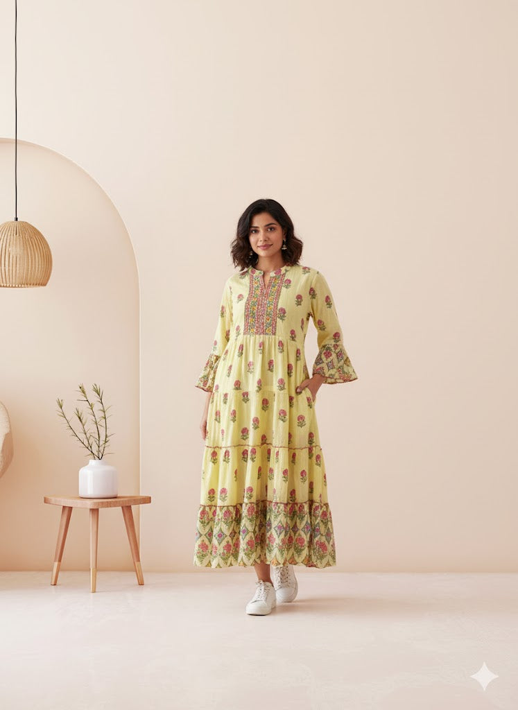 FLORAL RUFFLE YELLOW DRESS-3012