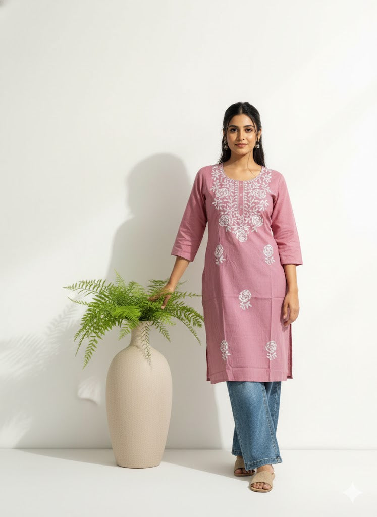 PINK CHIKANKARI KURTI-6013