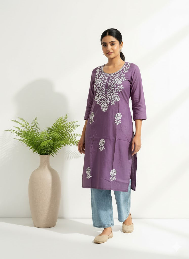 LAVENDER CHIKANKARI KURTI-6014