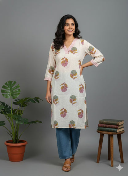CREAM FLORAL KURTI-6015