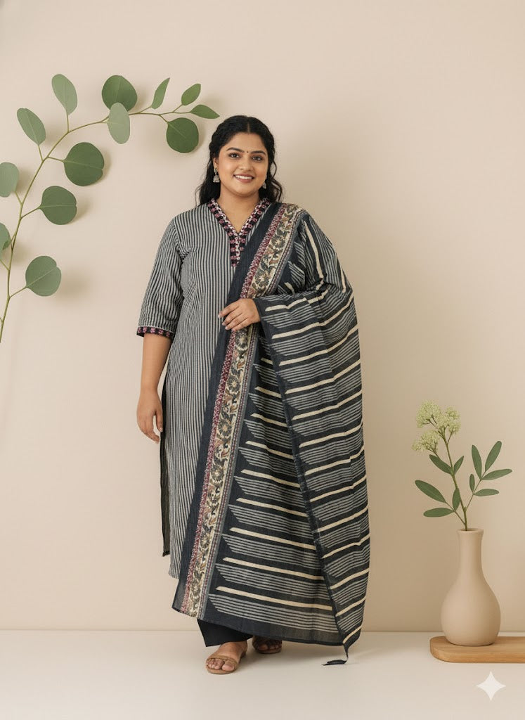 CHARCOAL STRIPES ETHNIC SUIT-1256