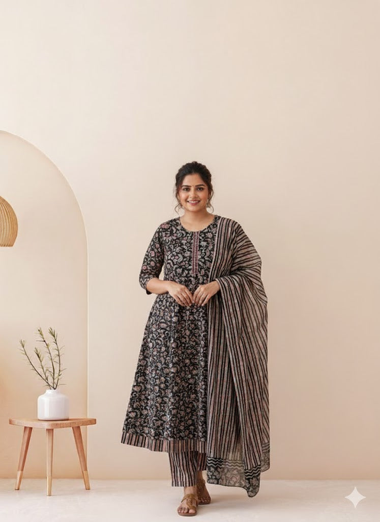 PETAL WEAVE KURTI SET-BLACK-2030