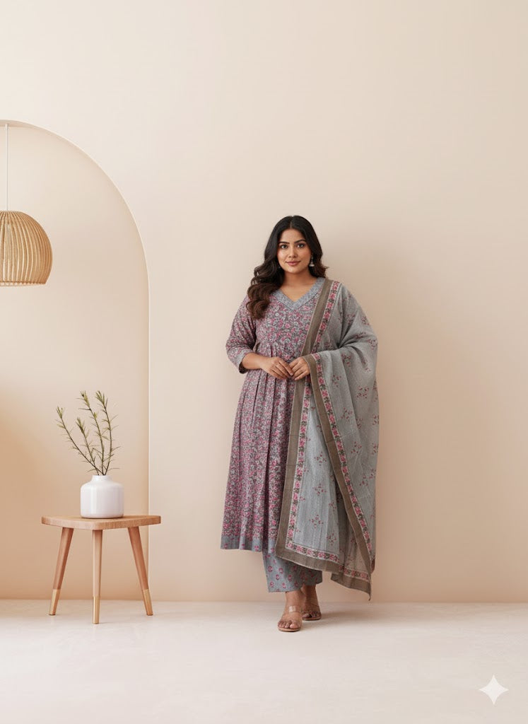 PETAL WEAVE KURTI SET-GREY-2030