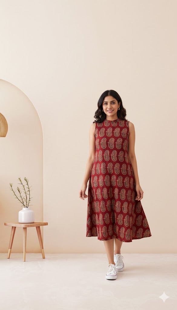 INDIE PRINT DRESS - MAROON-3029