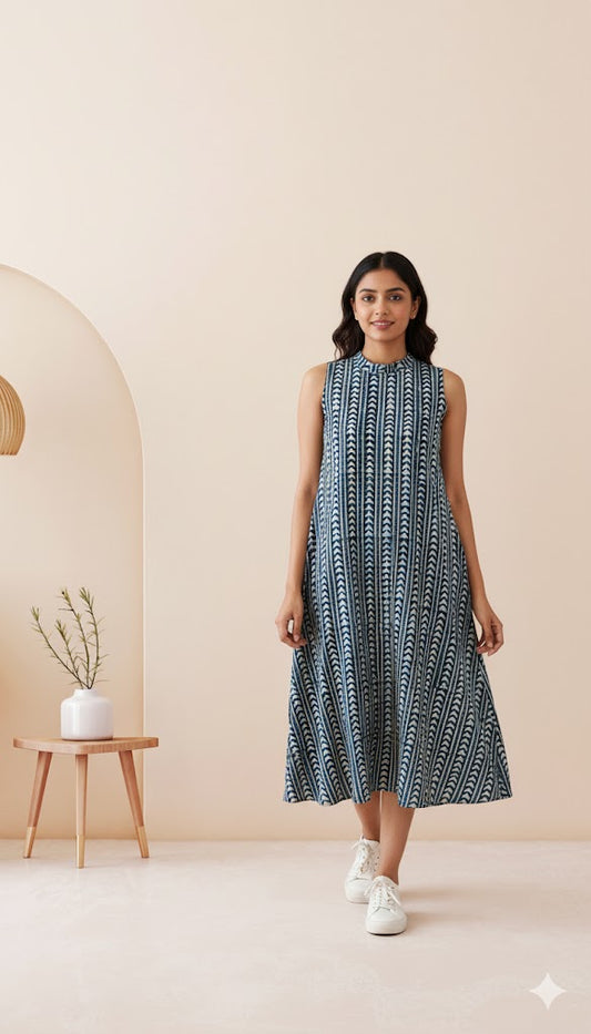 INDIE PRINT DRESS - BLUE-3029