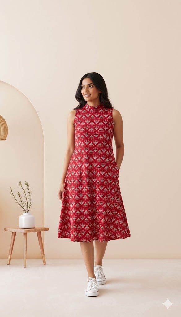 INDIE PRINT DRESS - RED-3029