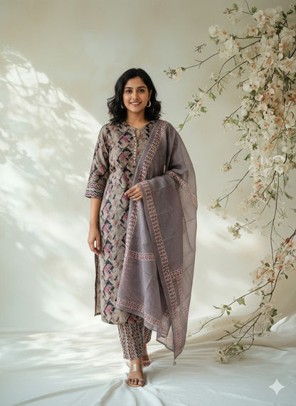 GREY AJRAKH ETHNIC SUIT - 1487