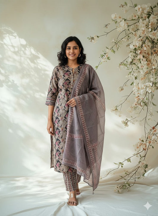 GREY AJRAKH ETHNIC SUIT - 1487